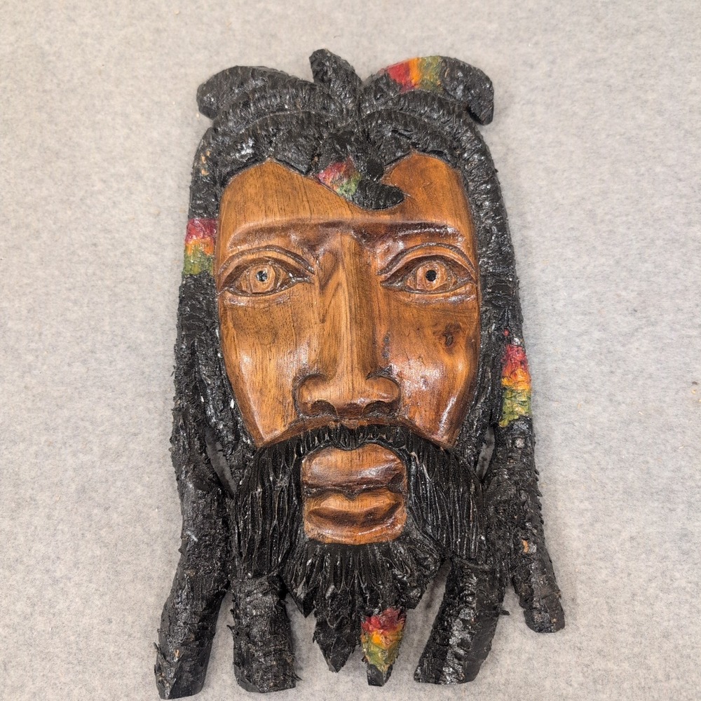 Hand Carved Wooden Rasta Mask Dreadlocks Beard Red Yellow Green Wall Art Decor